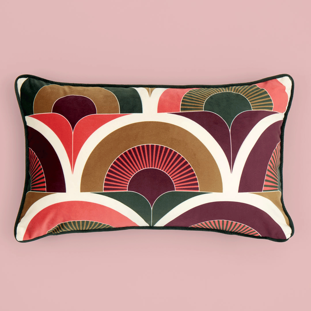 Groovy Baby Cushion in Mulberry, Coral, Emerald and Military Green