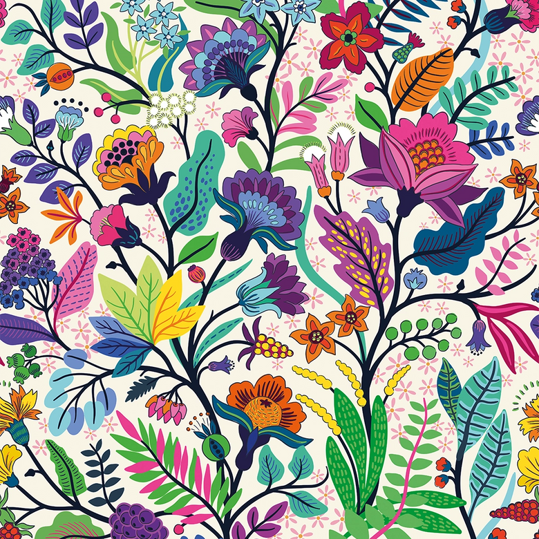 Sample of Eclectic Eden Wallpaper in Brights on Vintage Cream