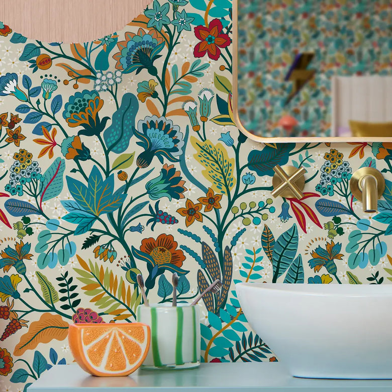 Eclectic Eden Wallpaper in Teal and Tan on Vintage Cream