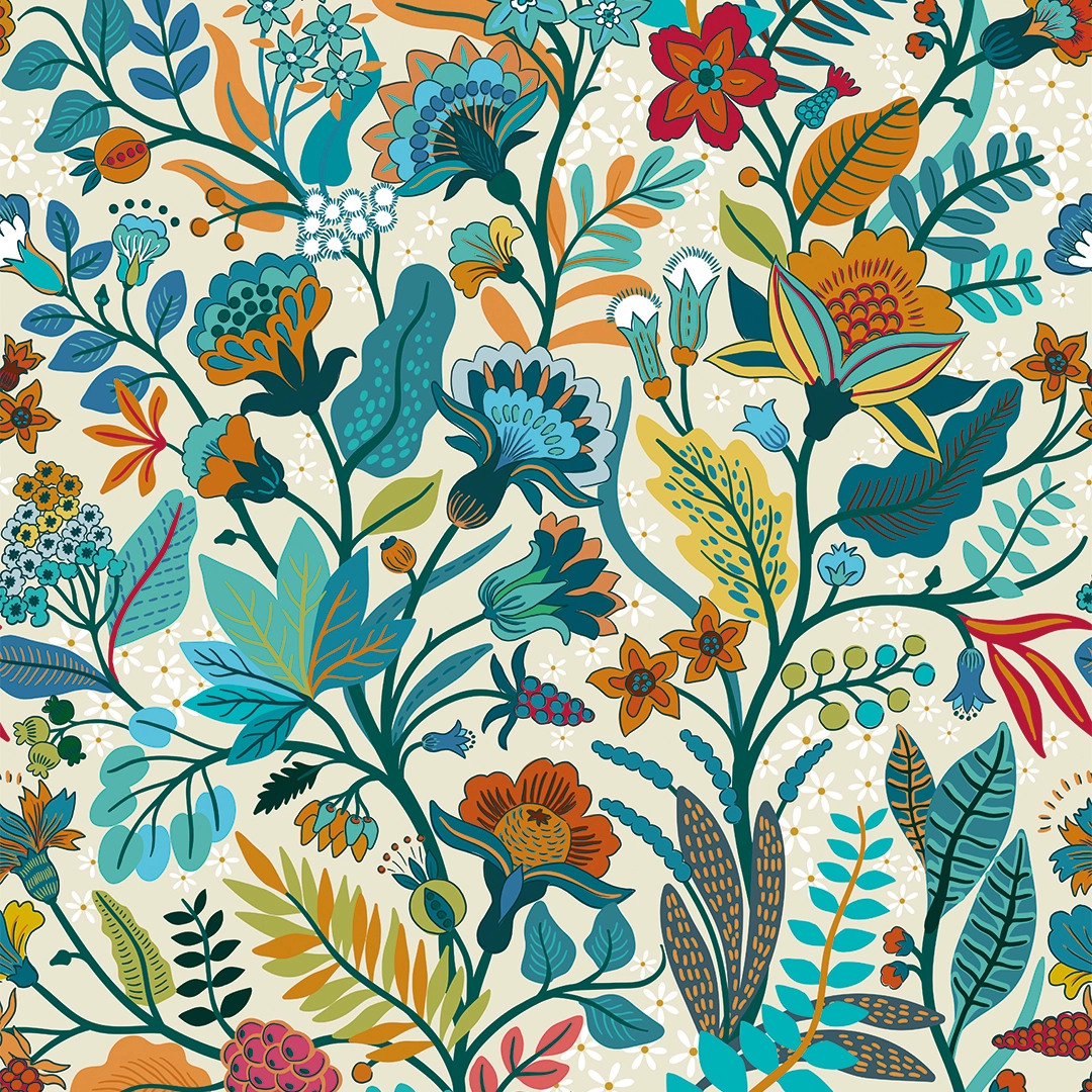 Sample of Eclectic Eden Wallpaper in Teal and Tan on Vintage Cream