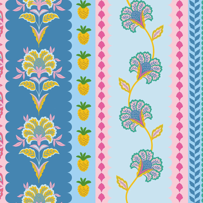 Hello Flower Wallpaper in Pinks on Blue