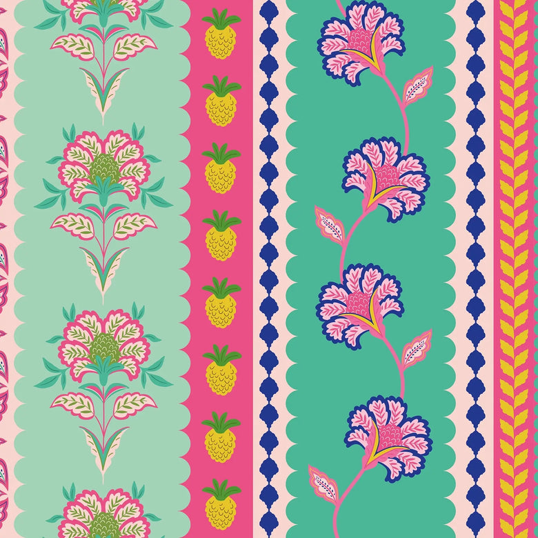 Hello Flower Wallpaper in Pinks on Greens