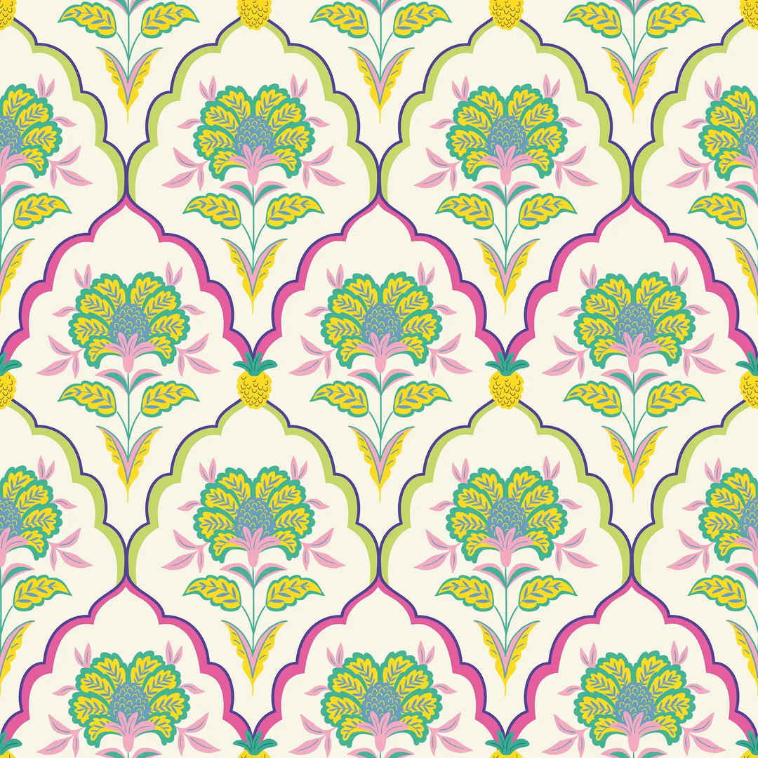 Blooming Geometric Wallpaper in Brights on Cream