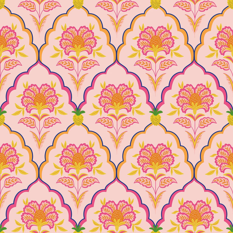 Blooming Geometric Wallpaper in Pinks, Orange and Yellow