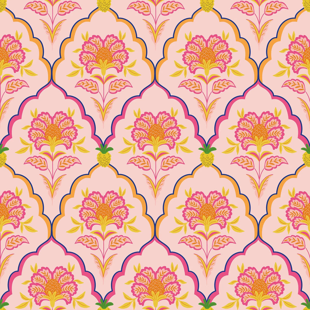 Sample of Blooming Geometric Wallpaper in Pinks, Orange and Yellow