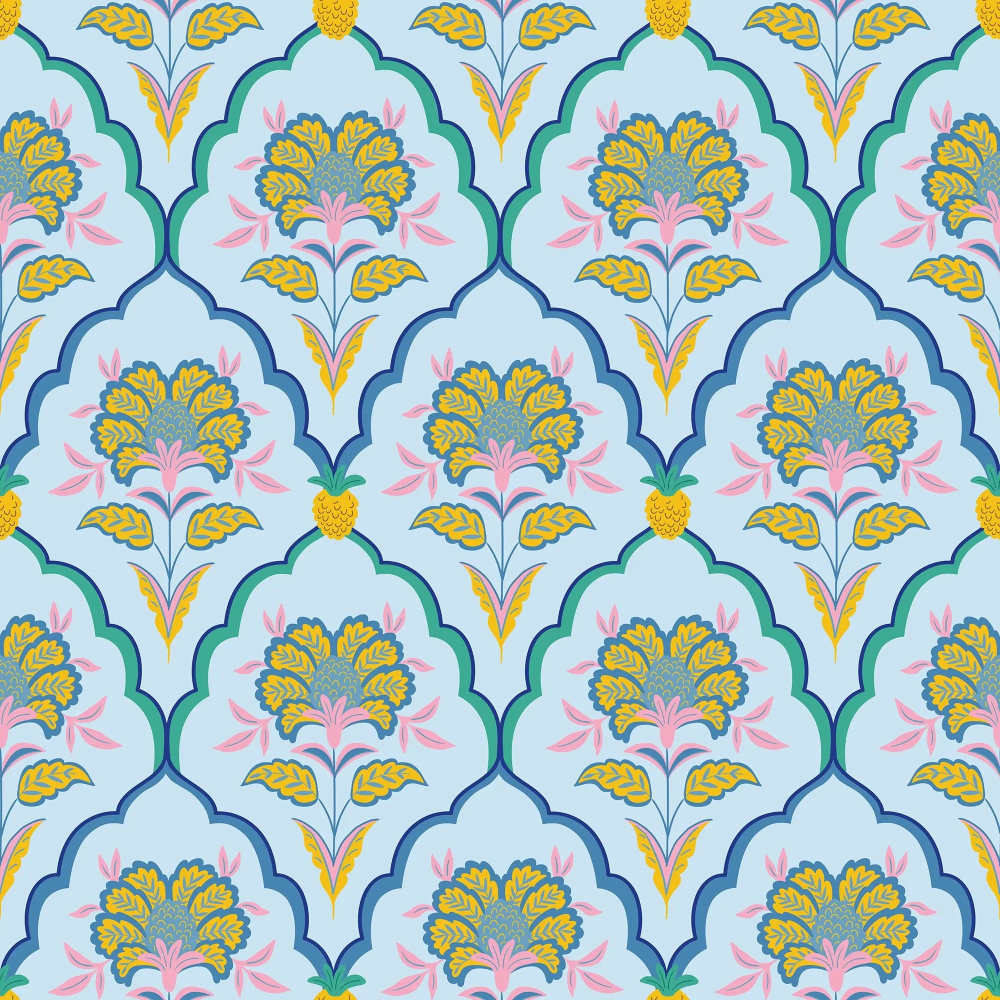 Blooming Geometric Wallpaper in Pinks on Blues