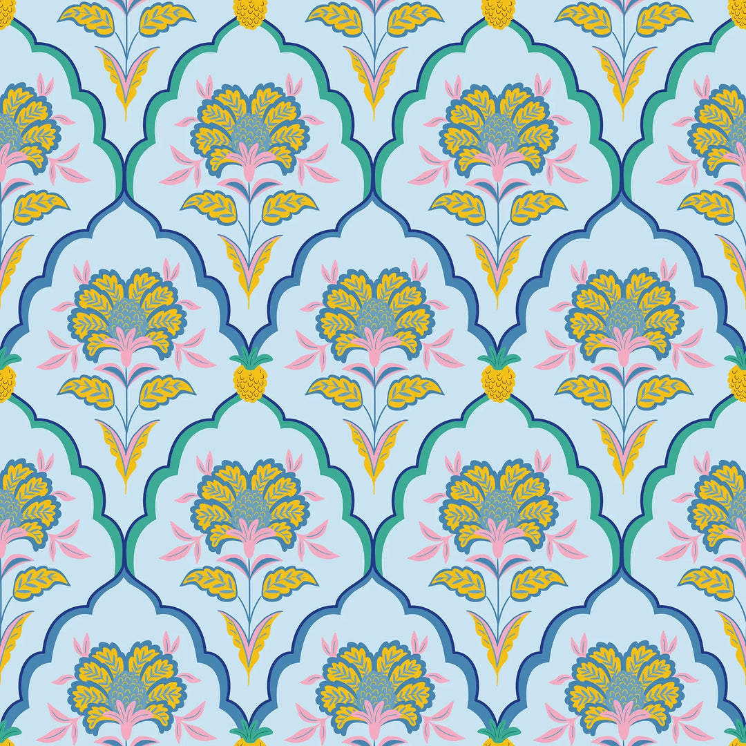 Blooming Geometric Wallpaper in Pinks on Blues