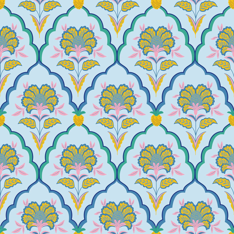 Sample of Blooming Geometric Wallpaper in Pinks on Blues