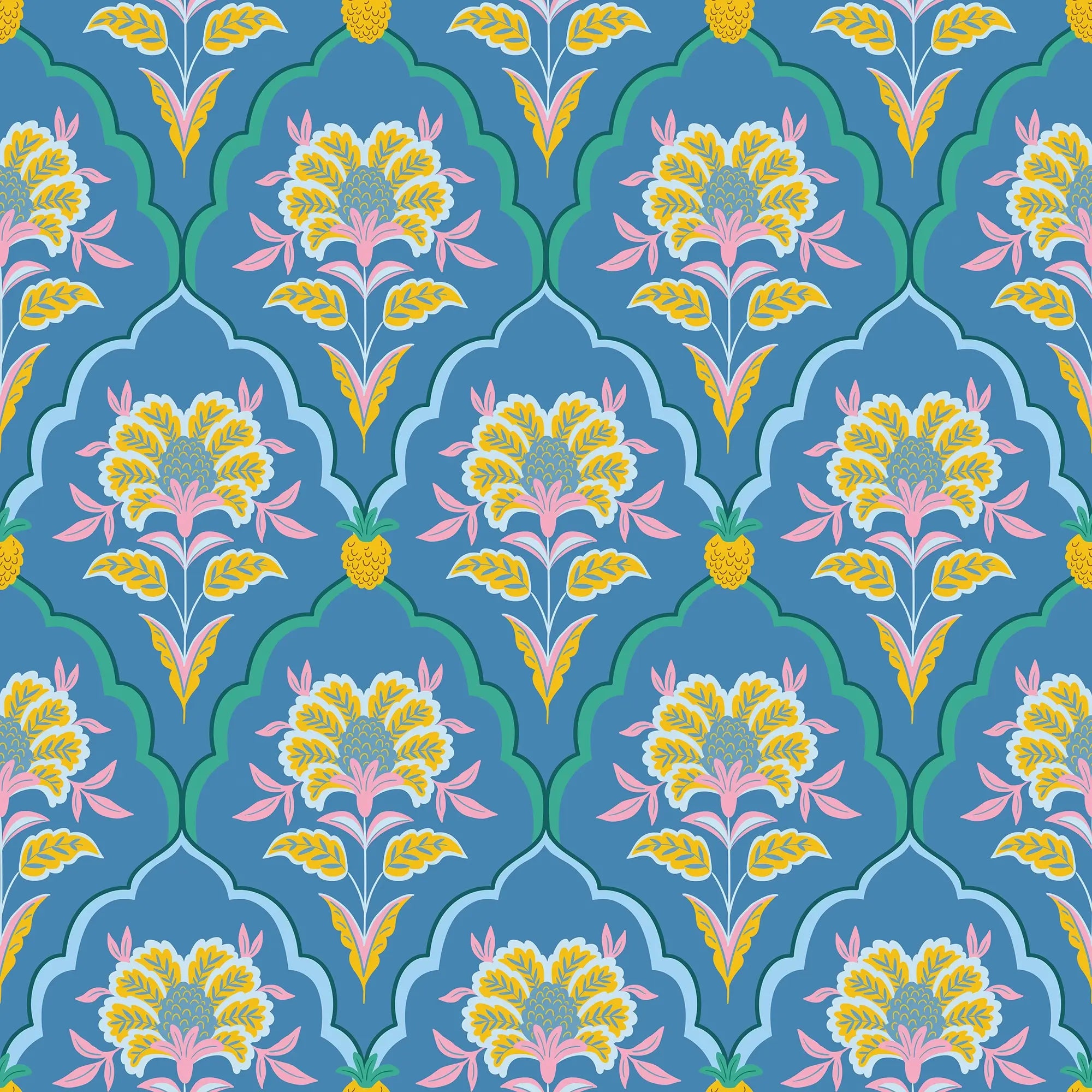 Blooming Geometric Wallpaper in Pink, Yellow and Blue