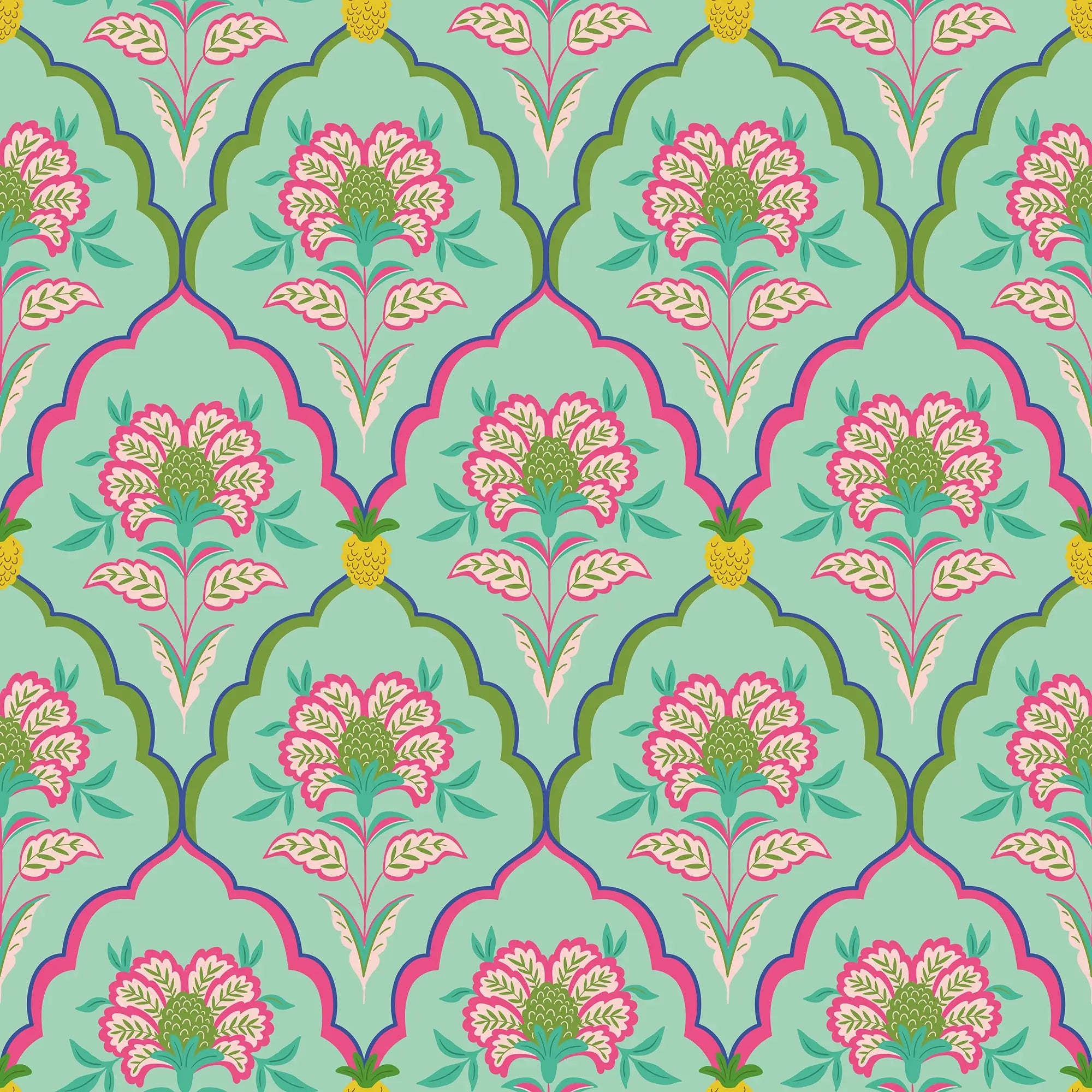 Blooming Geometric Wallpaper in Pinks on Greens