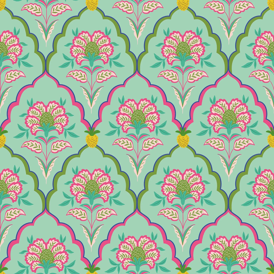 Sample of Blooming Geometric Wallpaper in Pinks on Greens