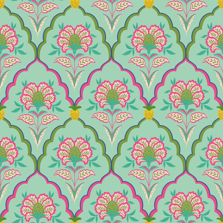 Sample of Blooming Geometric Wallpaper in Pinks on Greens