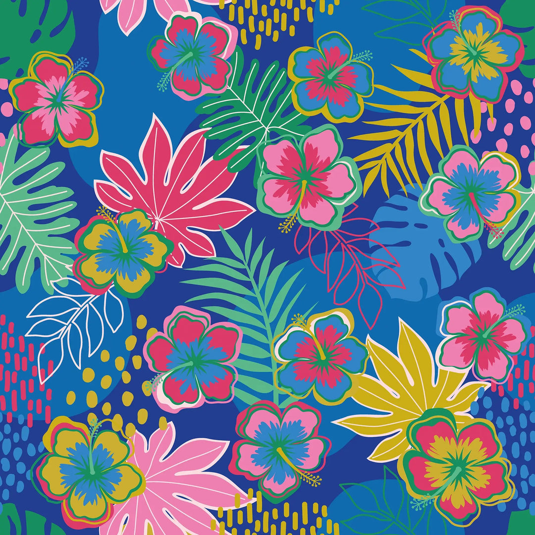 Tropical Treat Wallpaper in Electric Blue, Pinks and Mustard