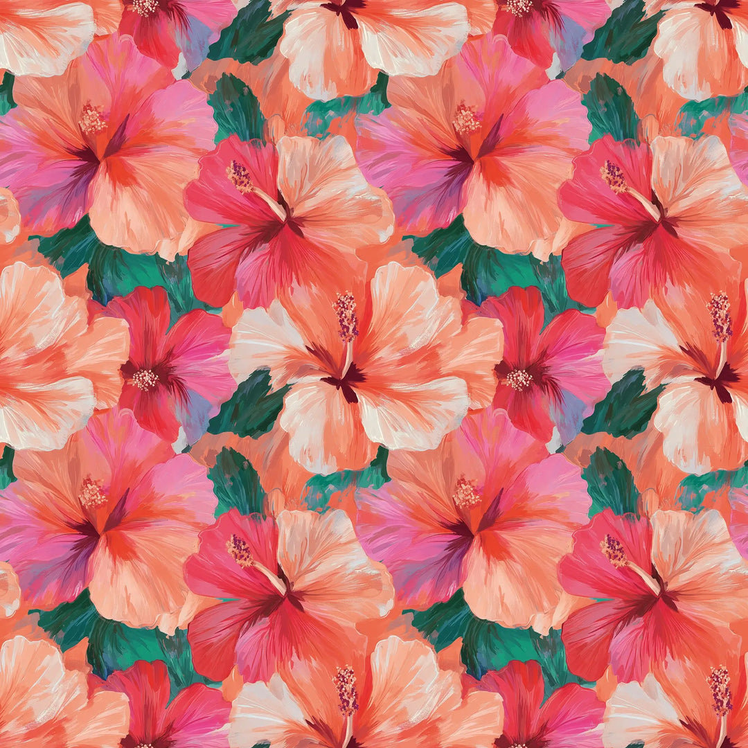 Painterly Hibiscus Dream Wallpaper in Coral and Pinks
