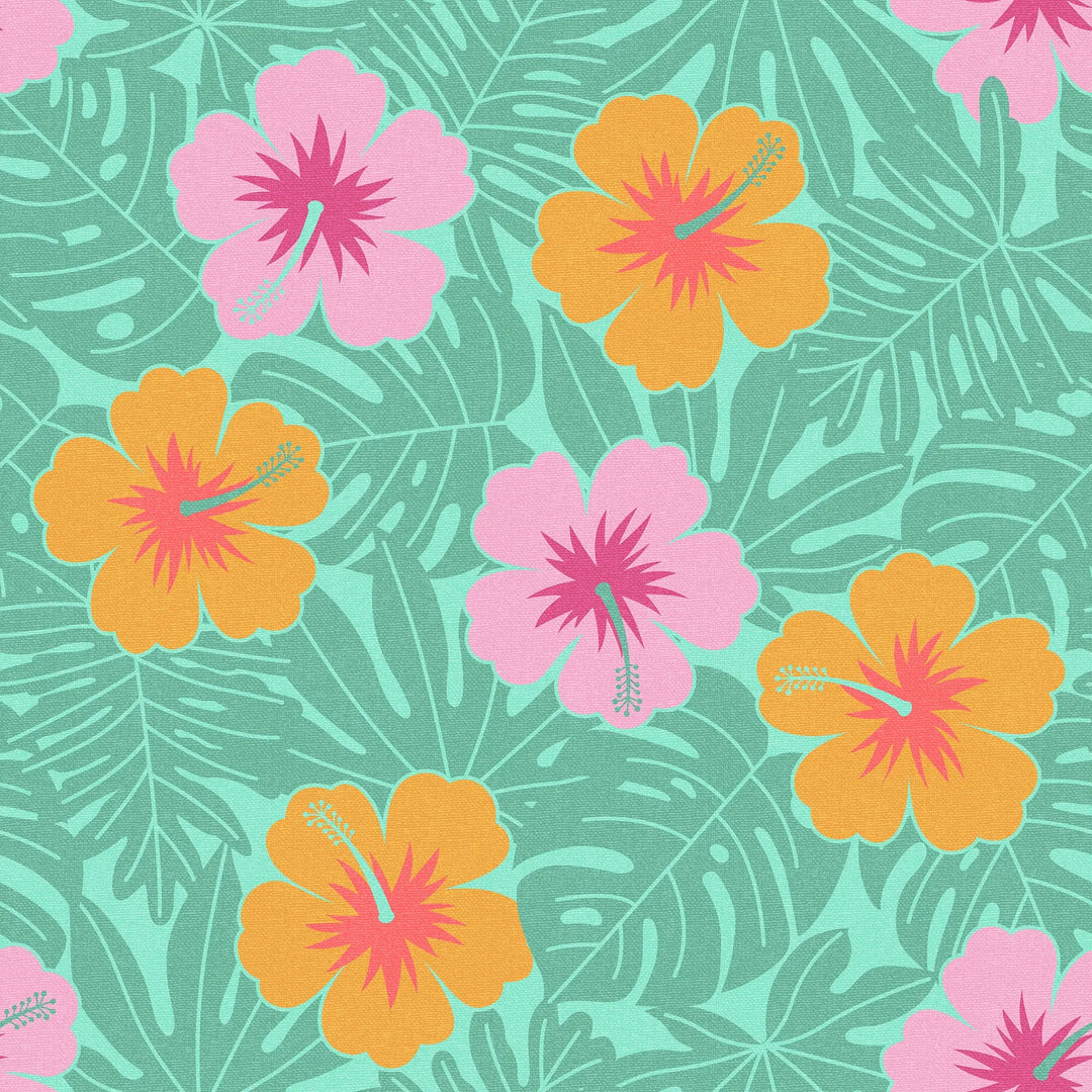 Huephoric Hibiscus Wallpaper in Pink and Orange on Teal