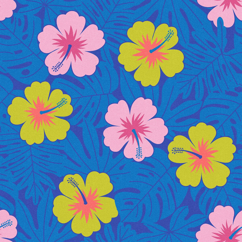 Huephoric Hibiscus Wallpaper in Pink and Mustard on Electric Blue