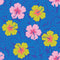 Sample of Huephoric Hibiscus Wallpaper in Pink and Mustard on Electric Blue