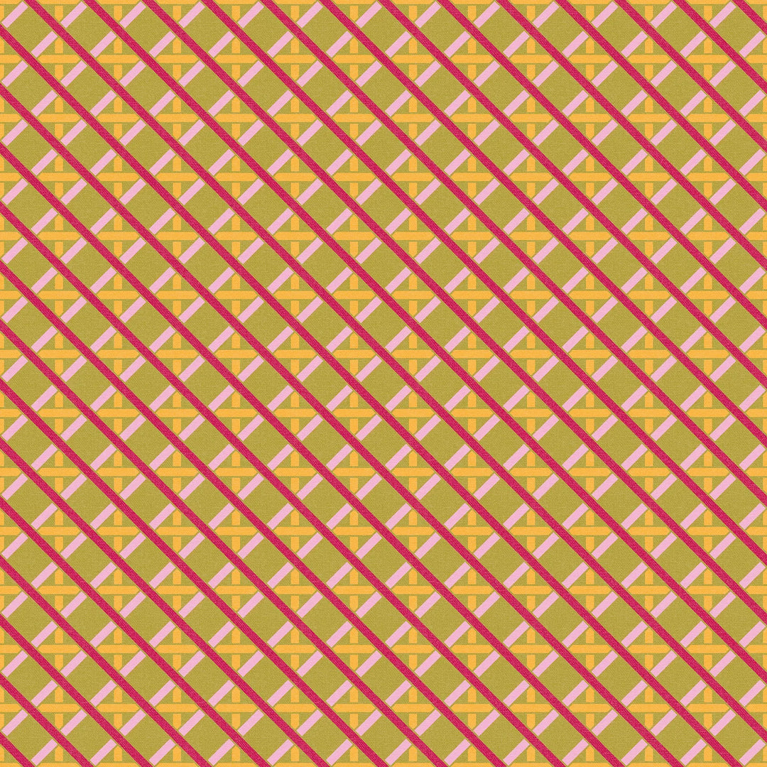 Sample of Criss Crossed Wallpaper in Red, Pink, Yellow and Avocado
