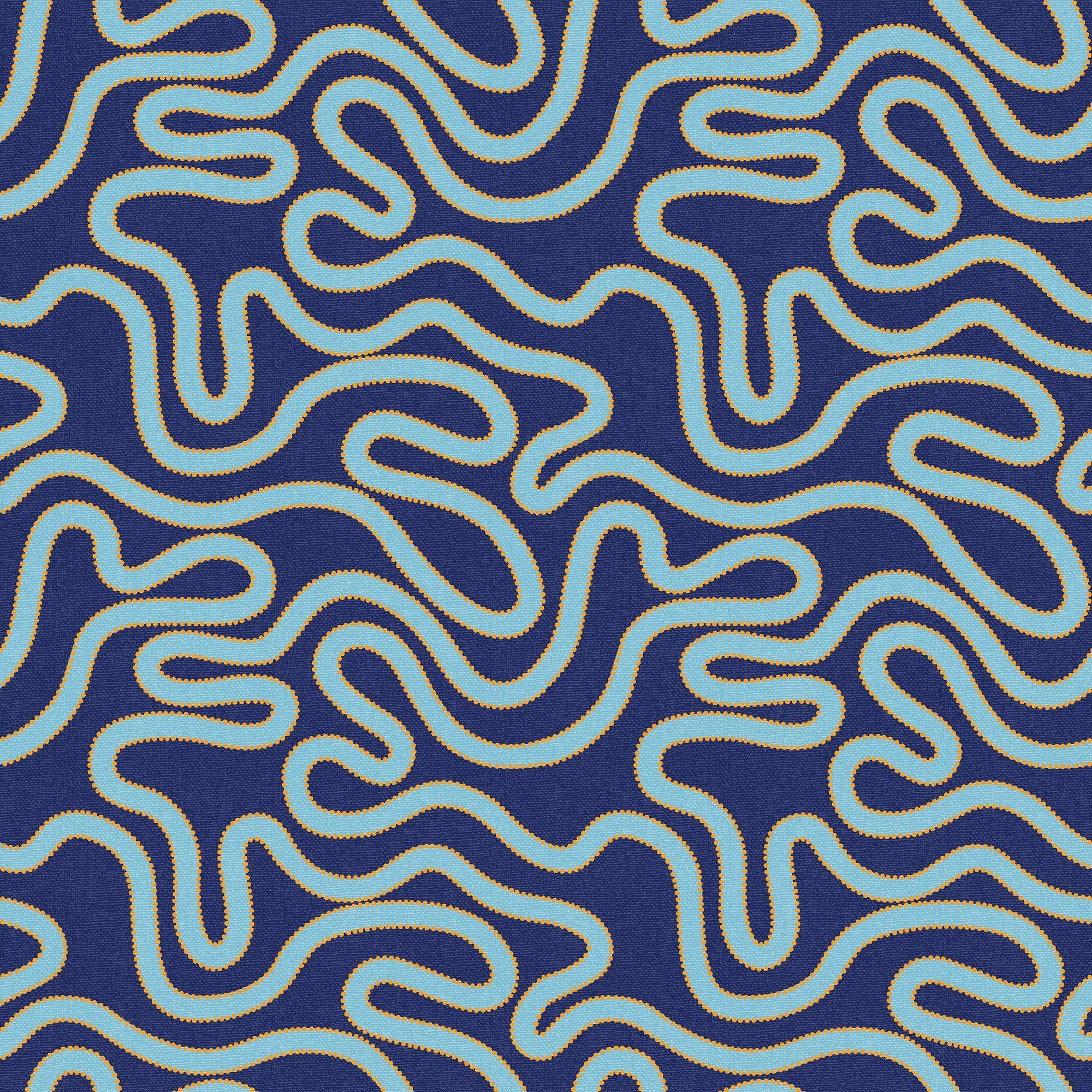 Ickle Squiggle Wallpaper in Dark Blue, Turquoise and Yellow