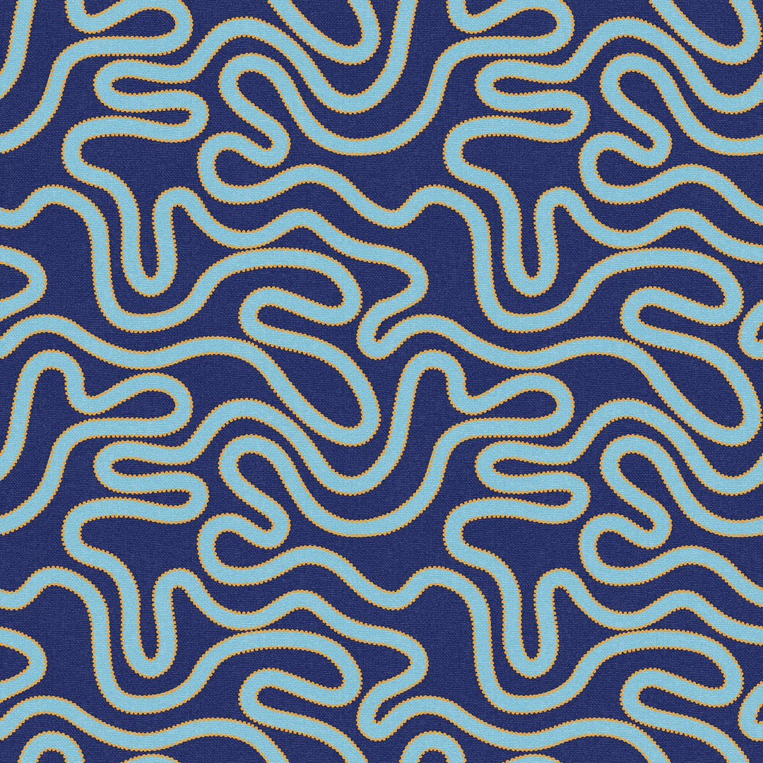Sample of Ickle Squiggle Wallpaper in Dark Blue, Turquoise and Yellow