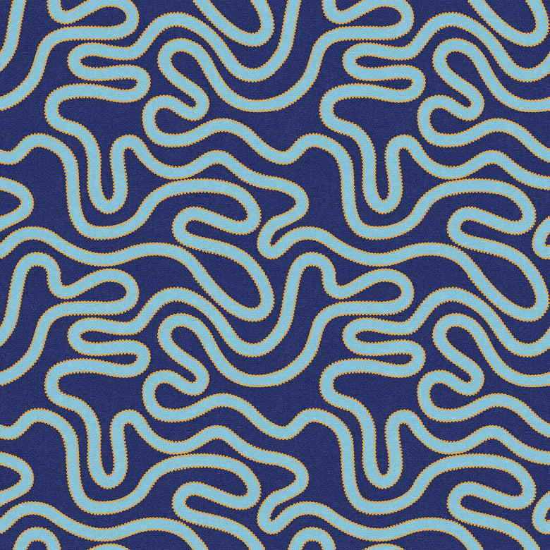 Sample of Ickle Squiggle Wallpaper in Dark Blue, Turquoise and Yellow