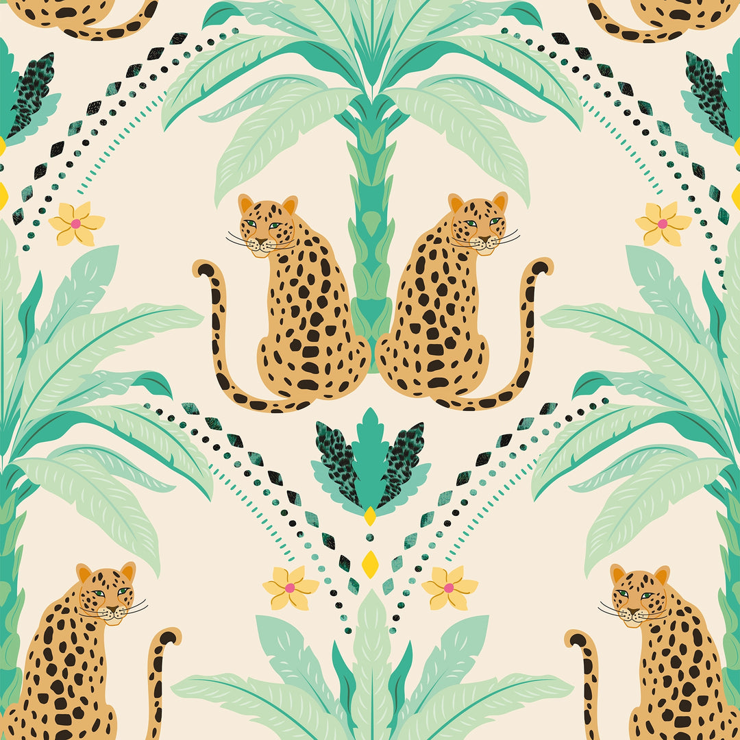 Belize Leopard Wallpaper in Soft Teal on the Cat That Licked the Cream