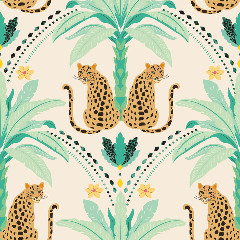 Belize Leopard Wallpaper in Soft Teal on the Cat That Licked the Cream