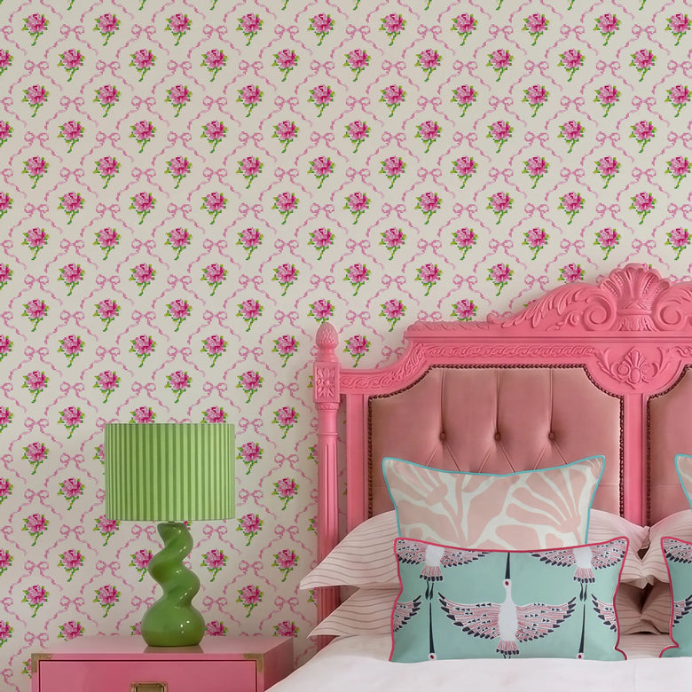Rose Tinted Wallpaper in Pink on Double Cream