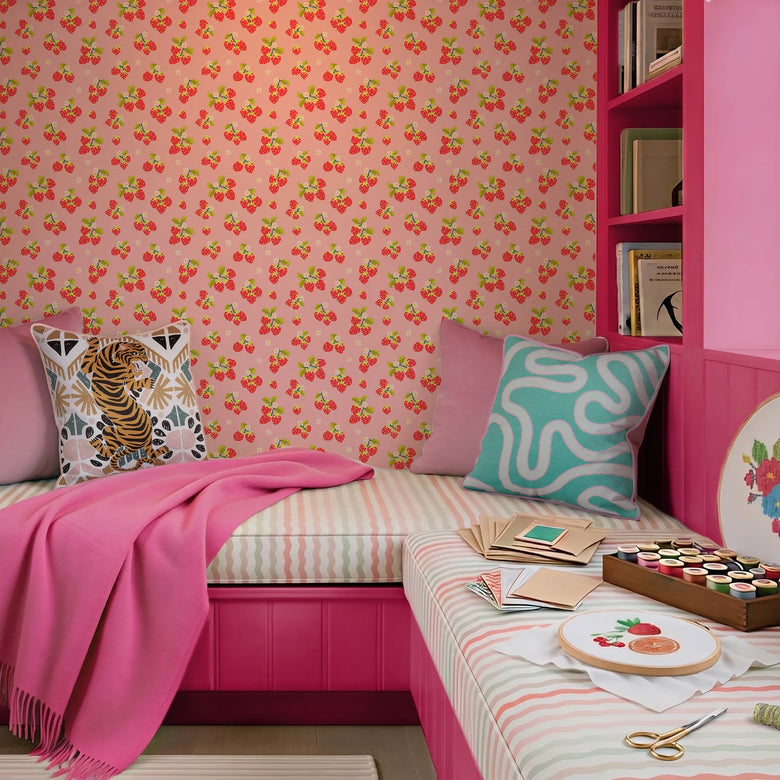 Strawberry Delight Wallpaper in Berry Red on Candy Pink