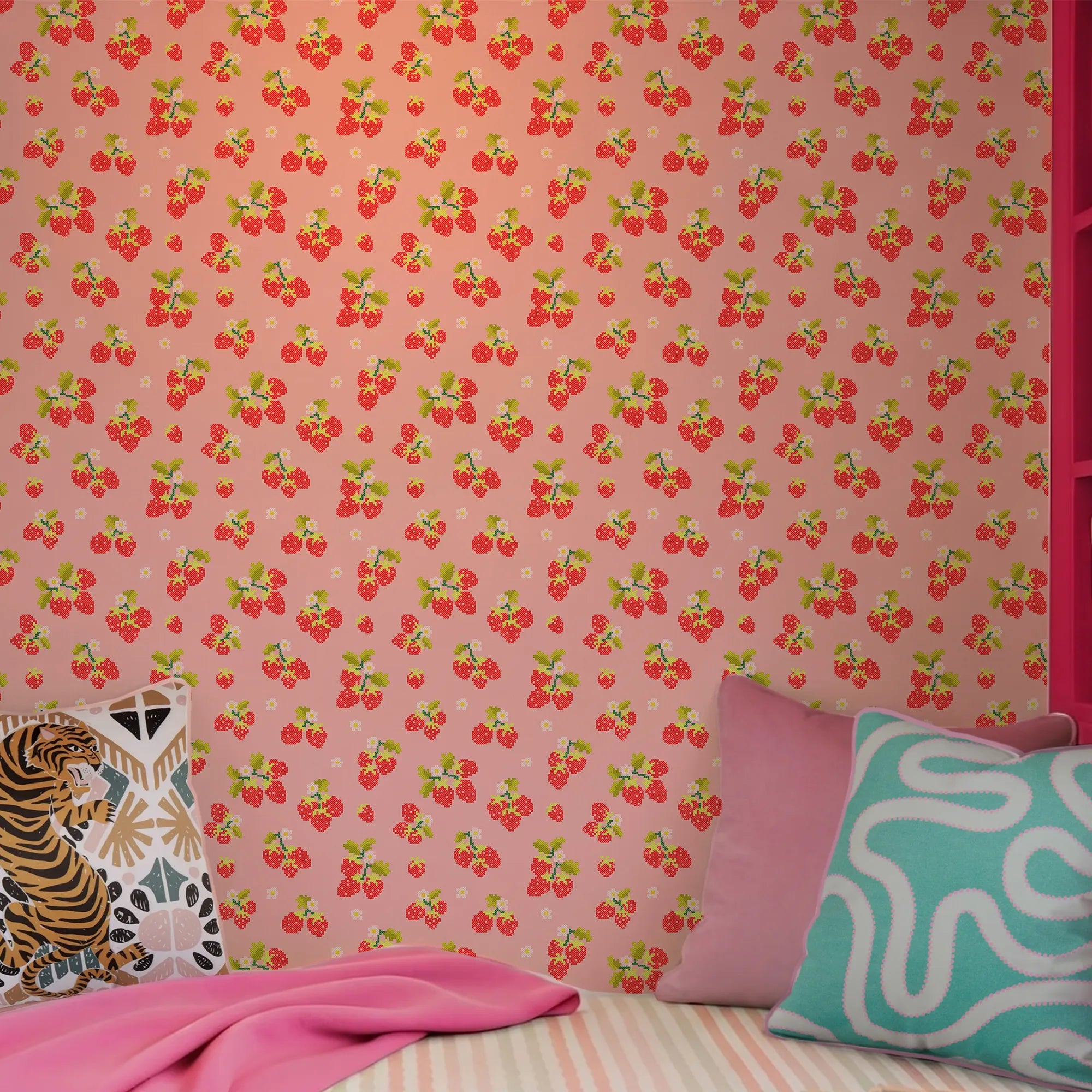 Strawberry Delight Wallpaper in Berry Red on Candy Pink