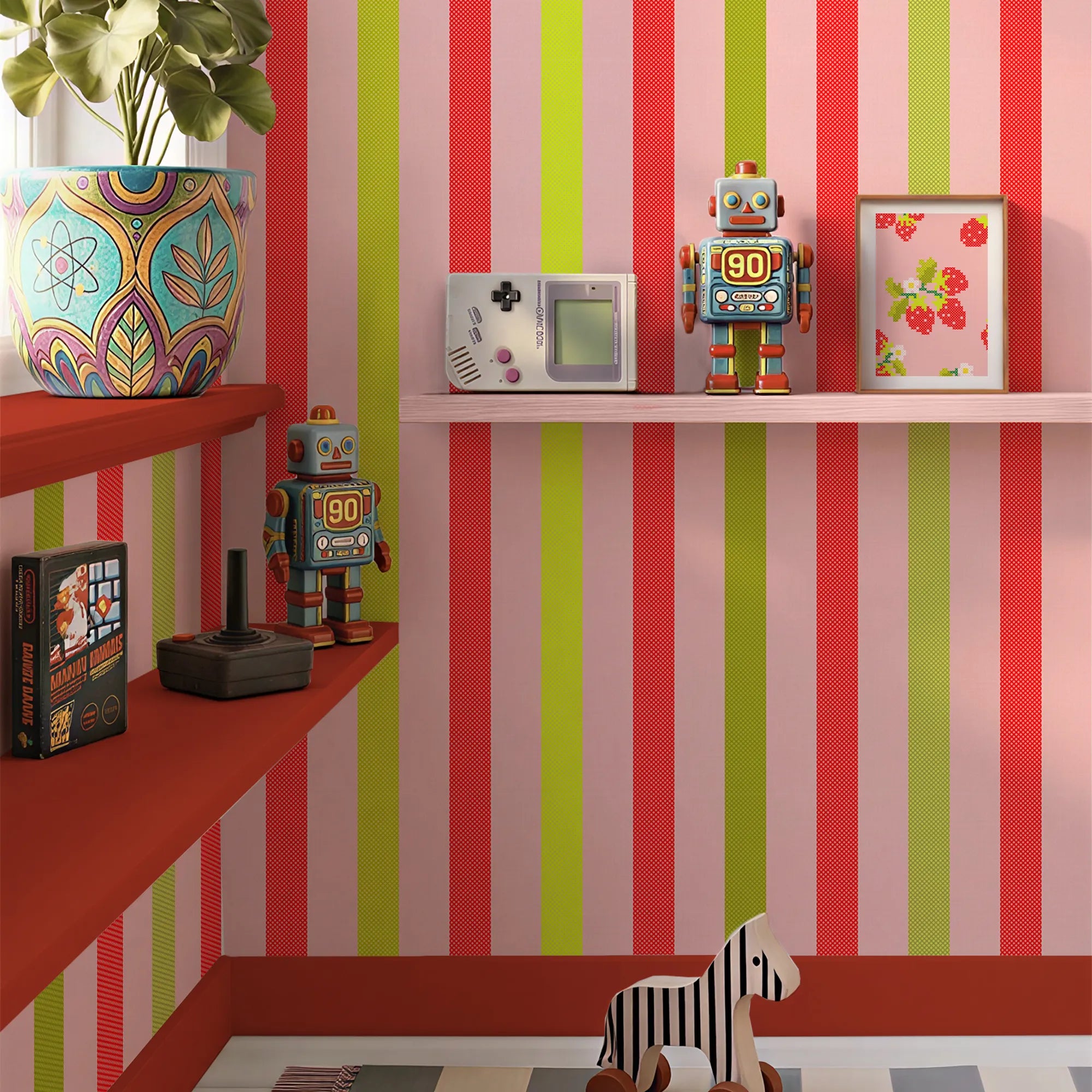 Candy Stripe Stitch Wallpaper in Candy Pink, Green Apple and Poison Apple