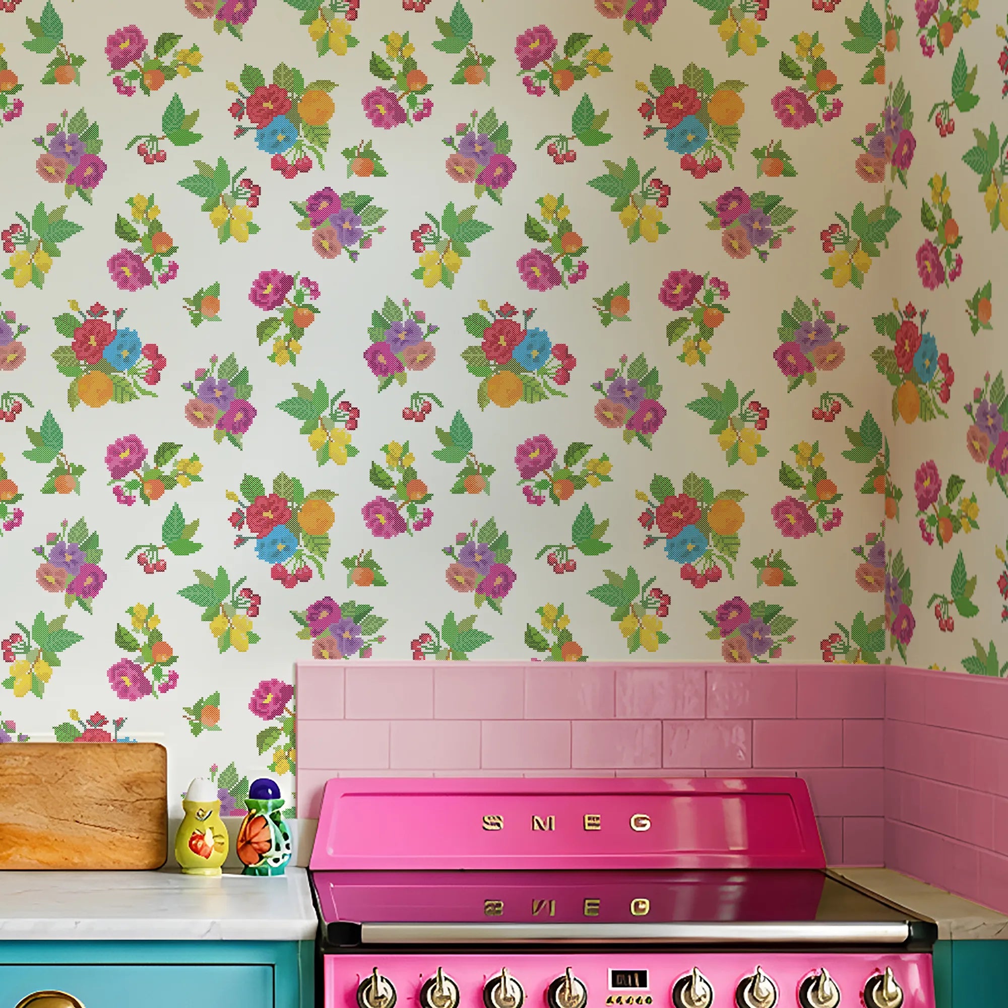 A Stitch in Time Wallpaper in Multicoloured on Double Cream