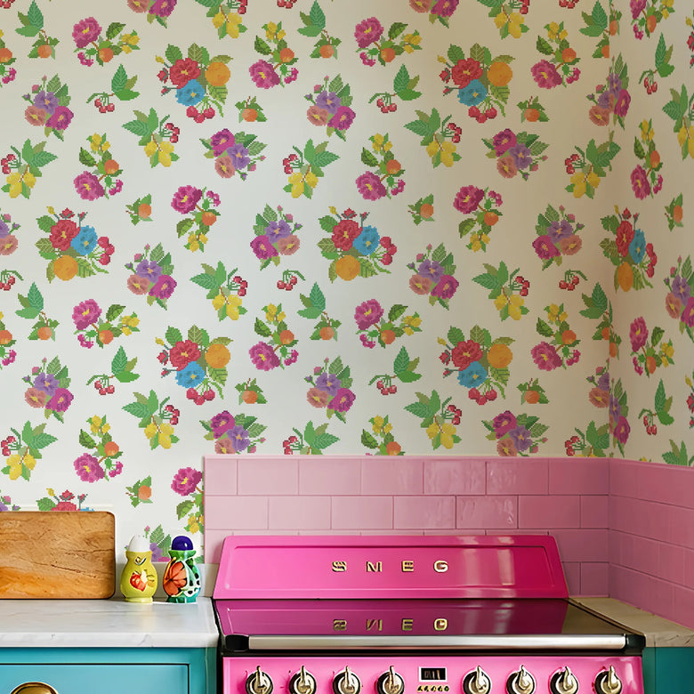 A Stitch in Time Wallpaper in Multicoloured on Double Cream