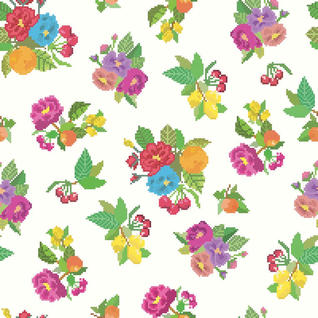 A Stitch in Time Wallpaper in Multicoloured on Double Cream