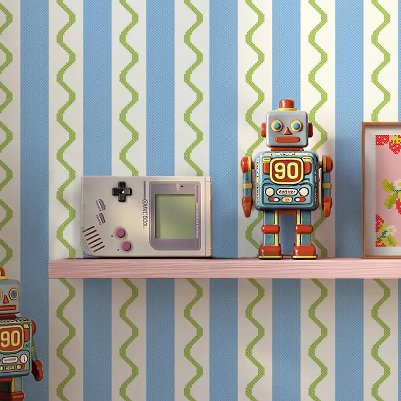 Straight & Wiggle Stitch Wallpaper in Blueberry and Lime Green