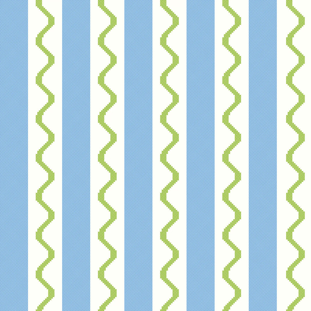 Straight & Wiggle Stitch Wallpaper in Blueberry and Lime Green