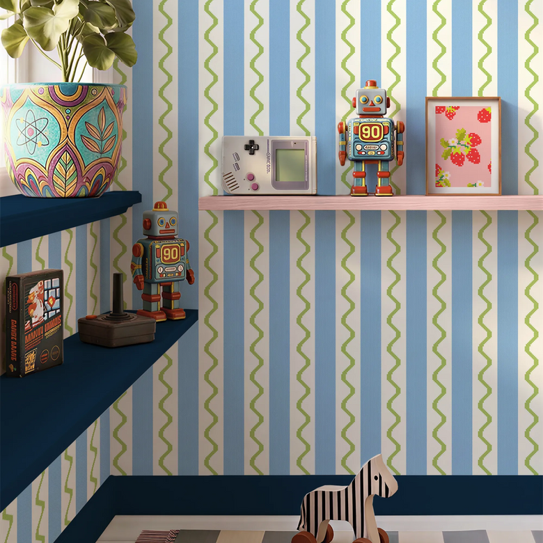 Straight & Wiggle Stitch Wallpaper in Blueberry and Lime Green