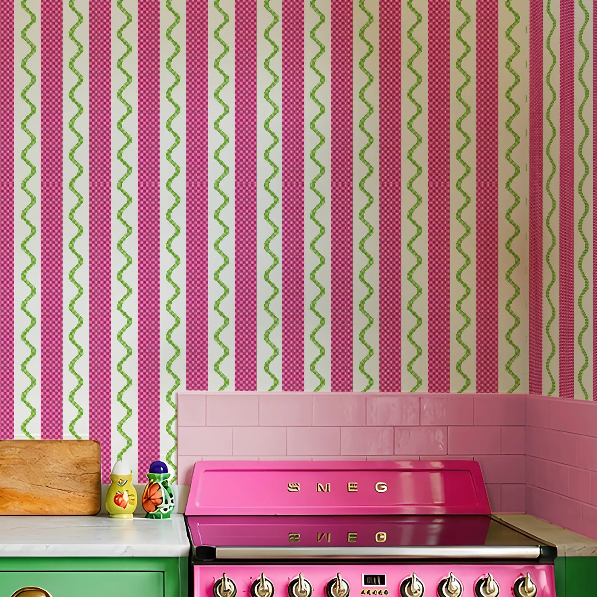 Straight & Wiggle Stitch Wallpaper in Candy Pink and Lime Green