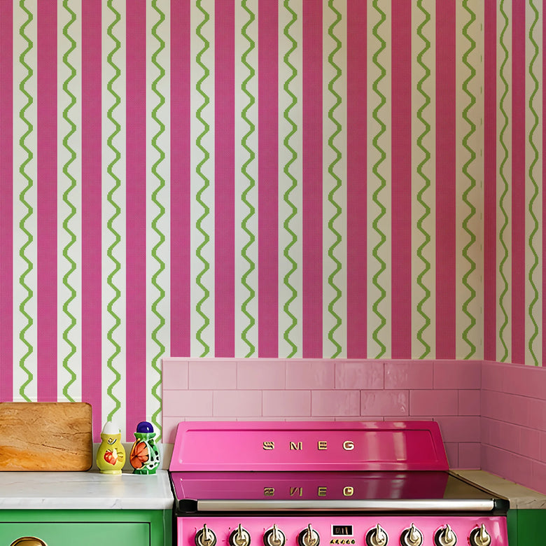 Straight & Wiggle Stitch Wallpaper in Candy Pink and Lime Green
