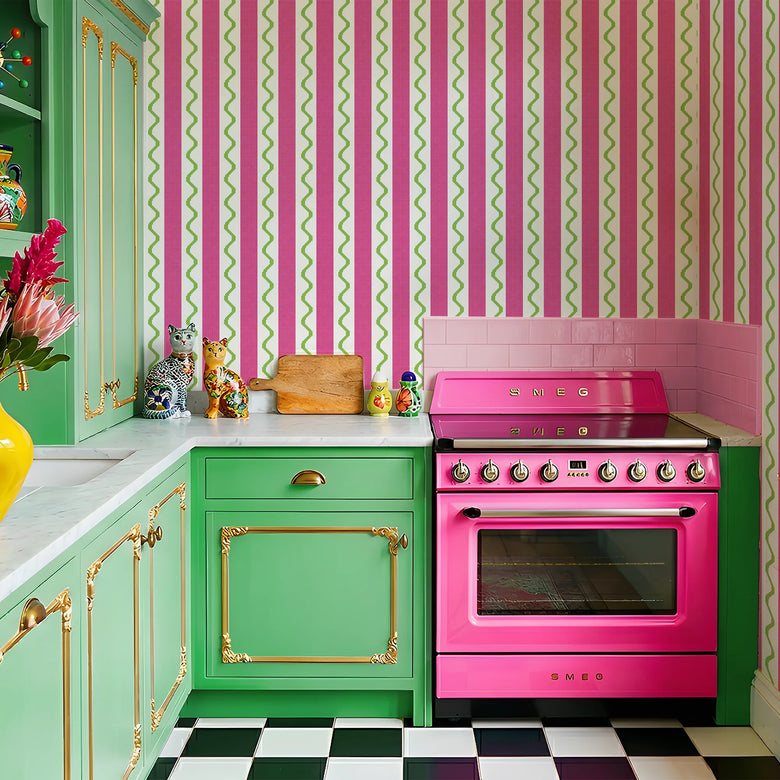 Straight & Wiggle Stitch Wallpaper in Candy Pink and Lime Green