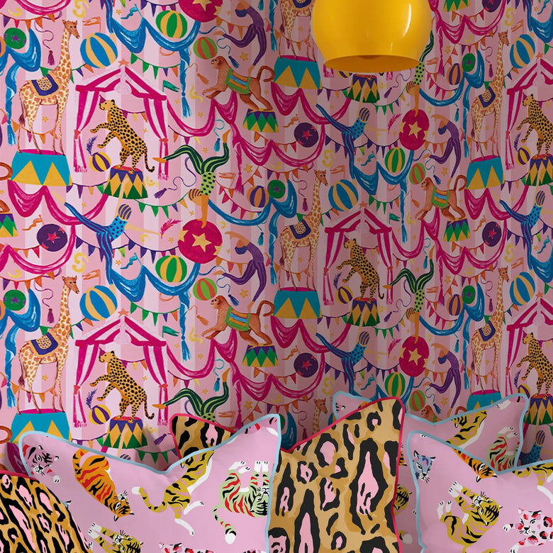 Carnival Capers Stripe Wallpaper in Candy Pink