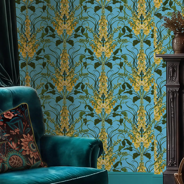 Forbidden Foxglove Wallpaper in Turquoise and Yellow
