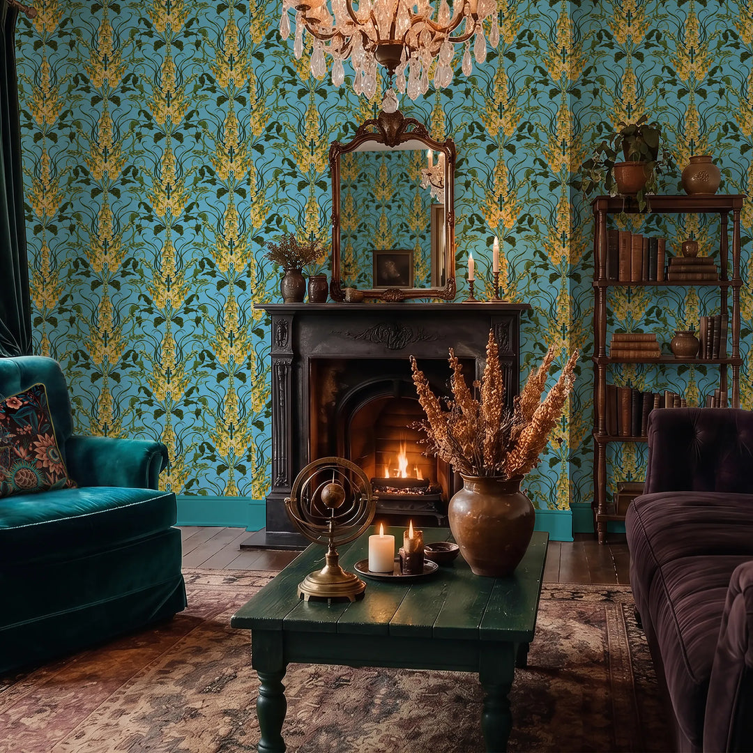 Forbidden Foxglove Wallpaper in Turquoise and Yellow