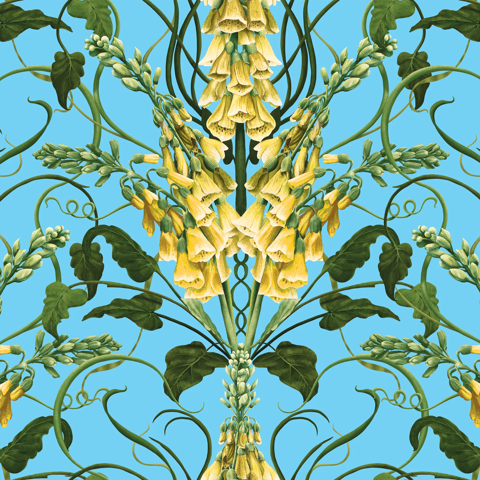 Forbidden Foxglove Wallpaper in Turquoise and Yellow
