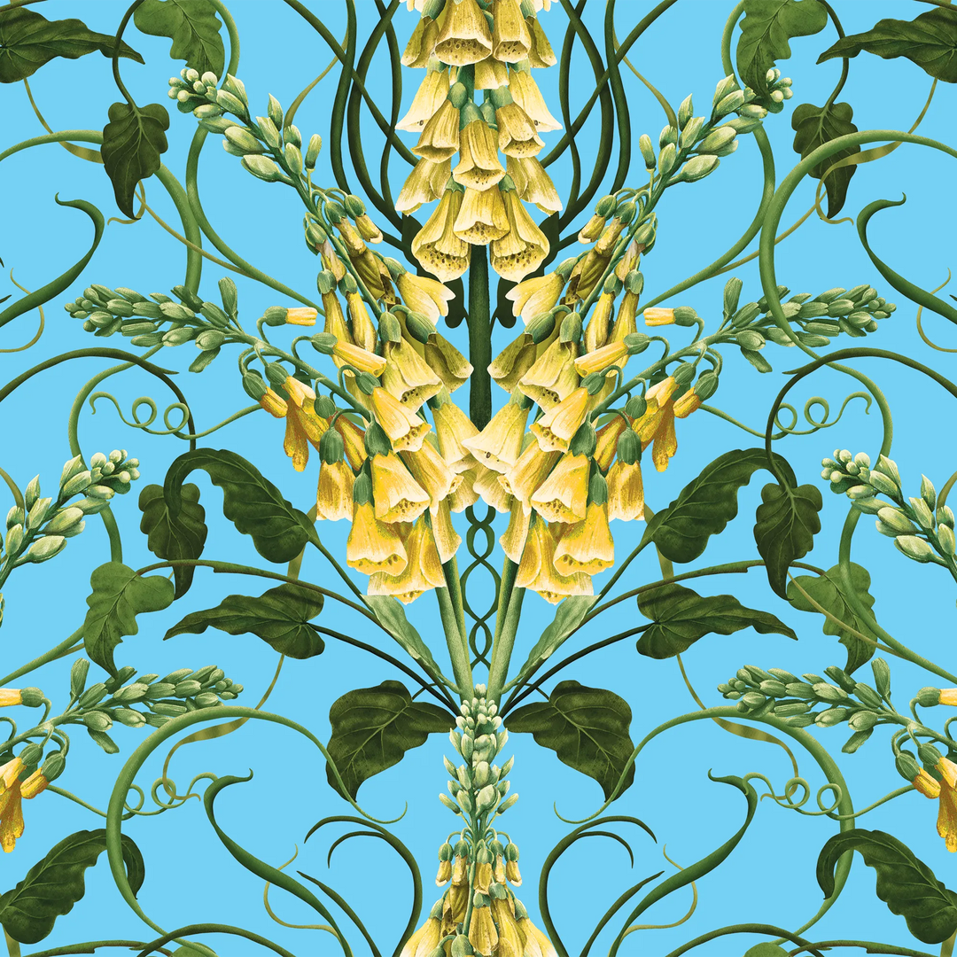 Forbidden Foxglove Wallpaper in Turquoise and Yellow
