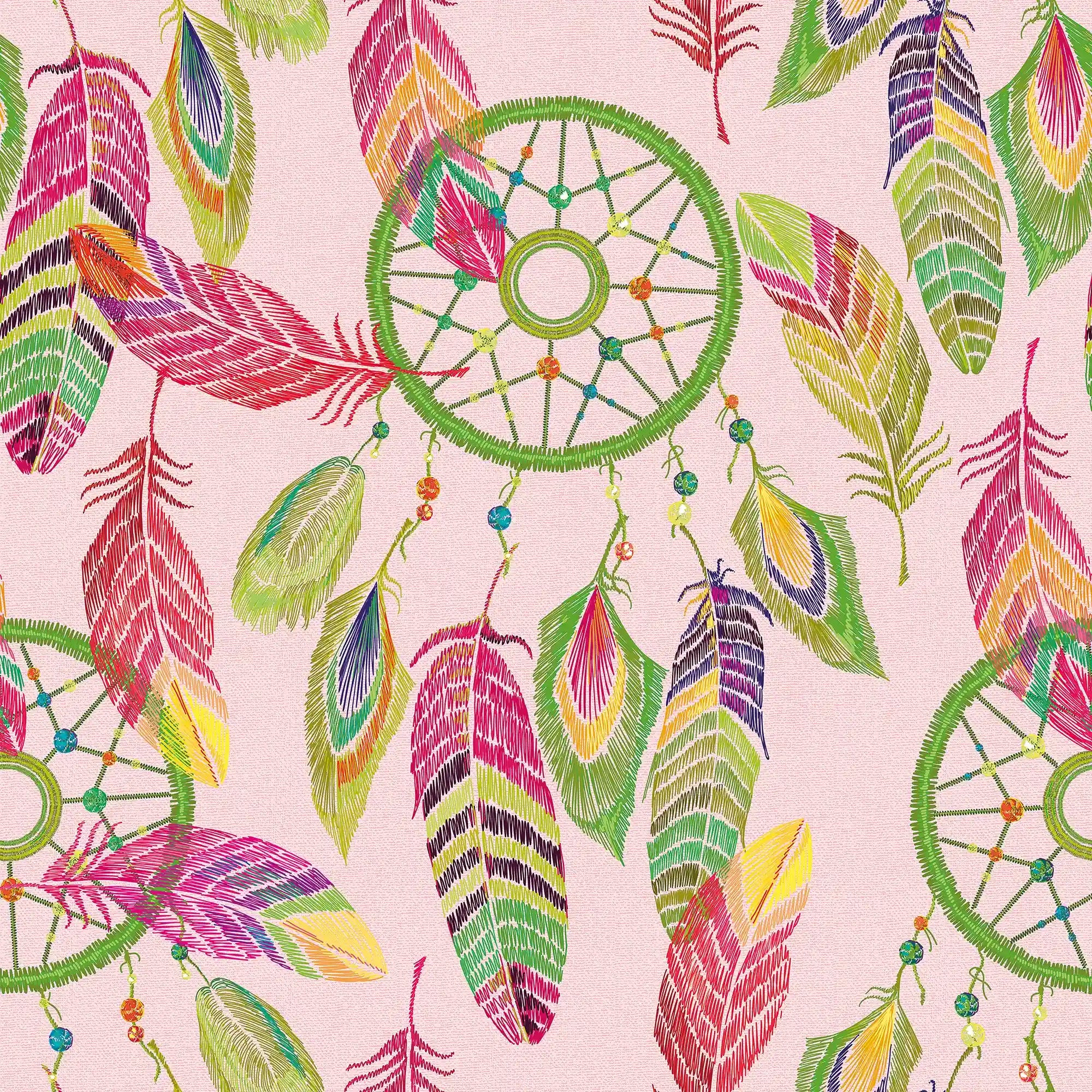 Dreamcatcher Wallpaper in Multicoloured on Sweet Pink