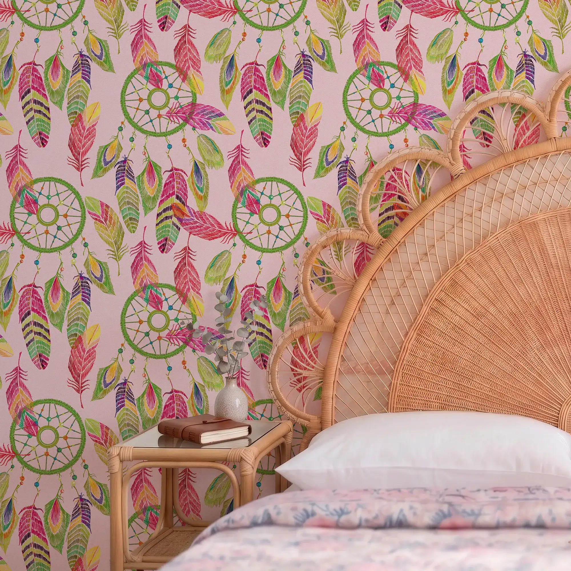Dreamcatcher Wallpaper in Multicoloured on Sweet Pink