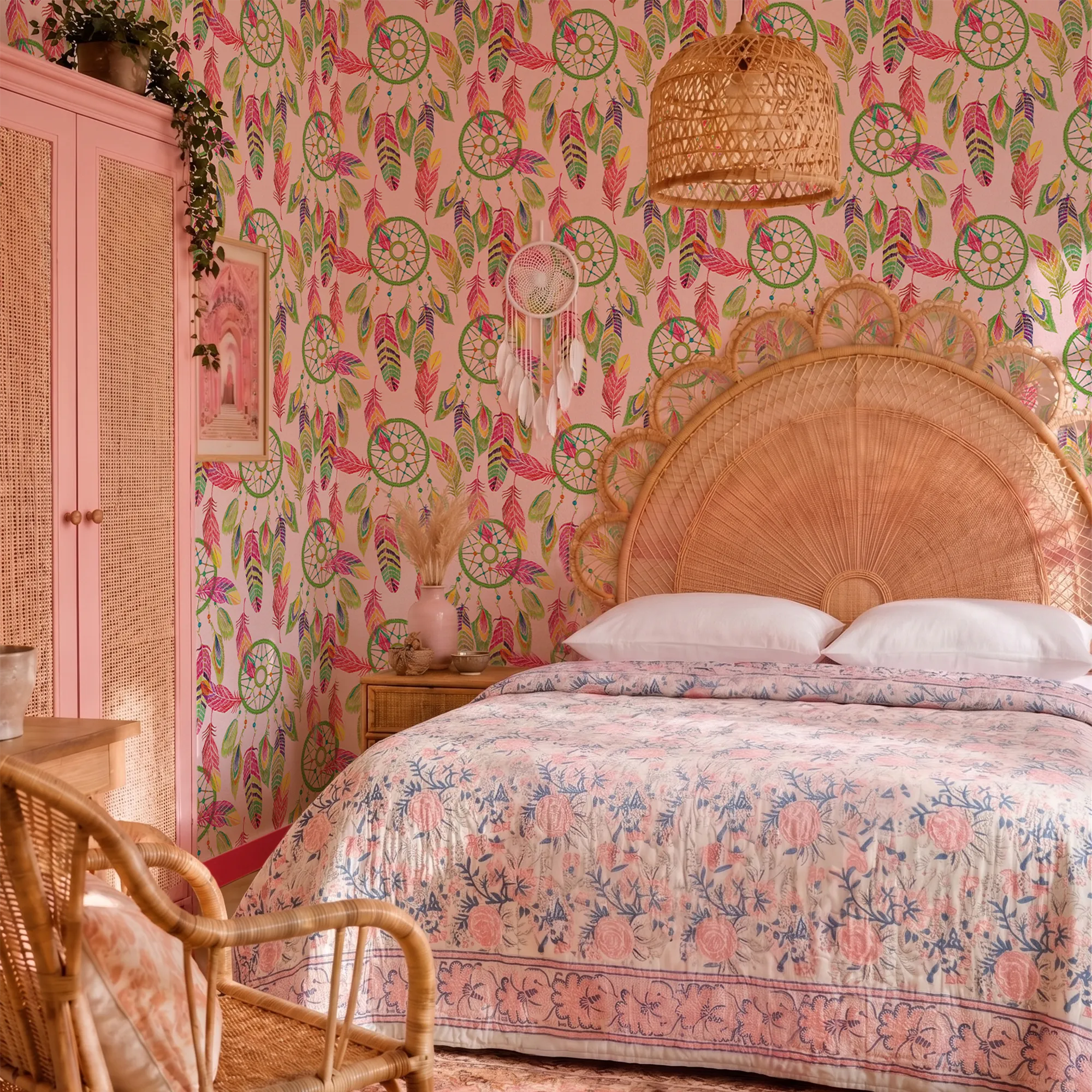 Dreamcatcher Wallpaper in Multicoloured on Sweet Pink