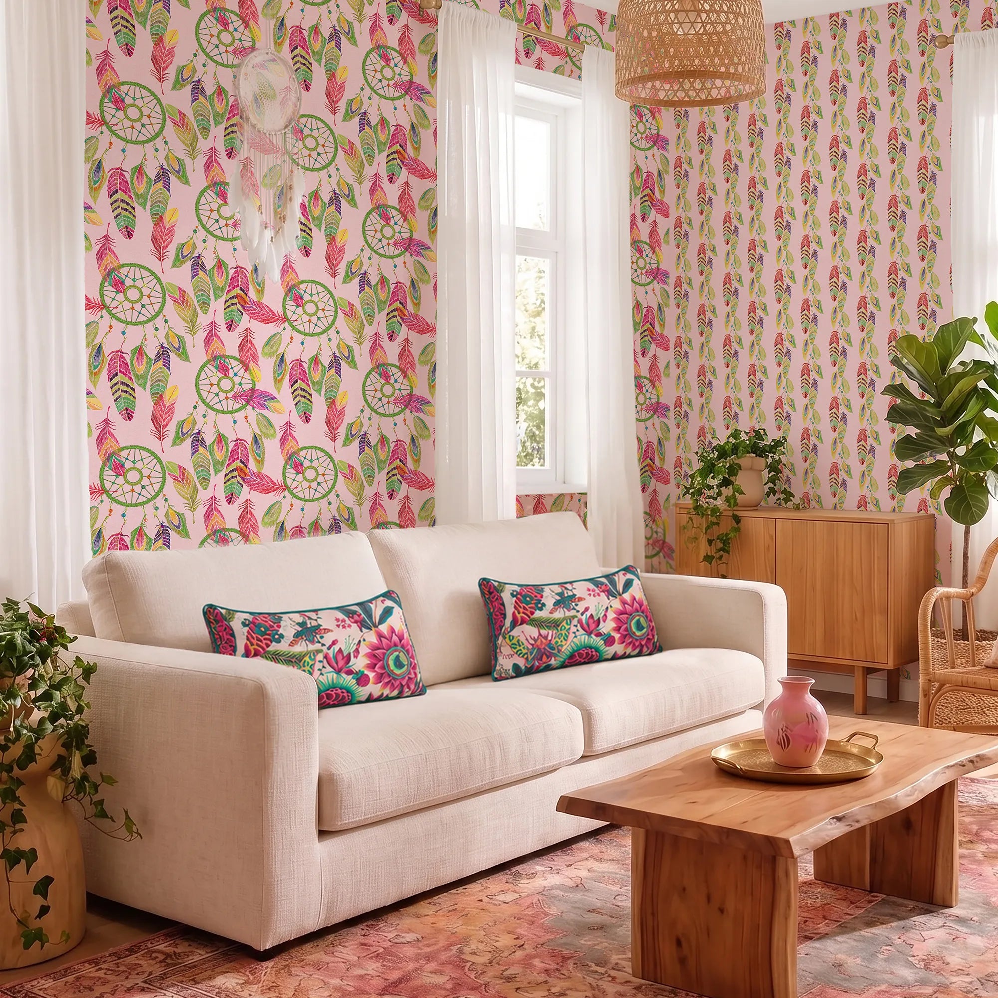 Soft Ladder Wallpaper in Multicoloured on Sweet Pink
