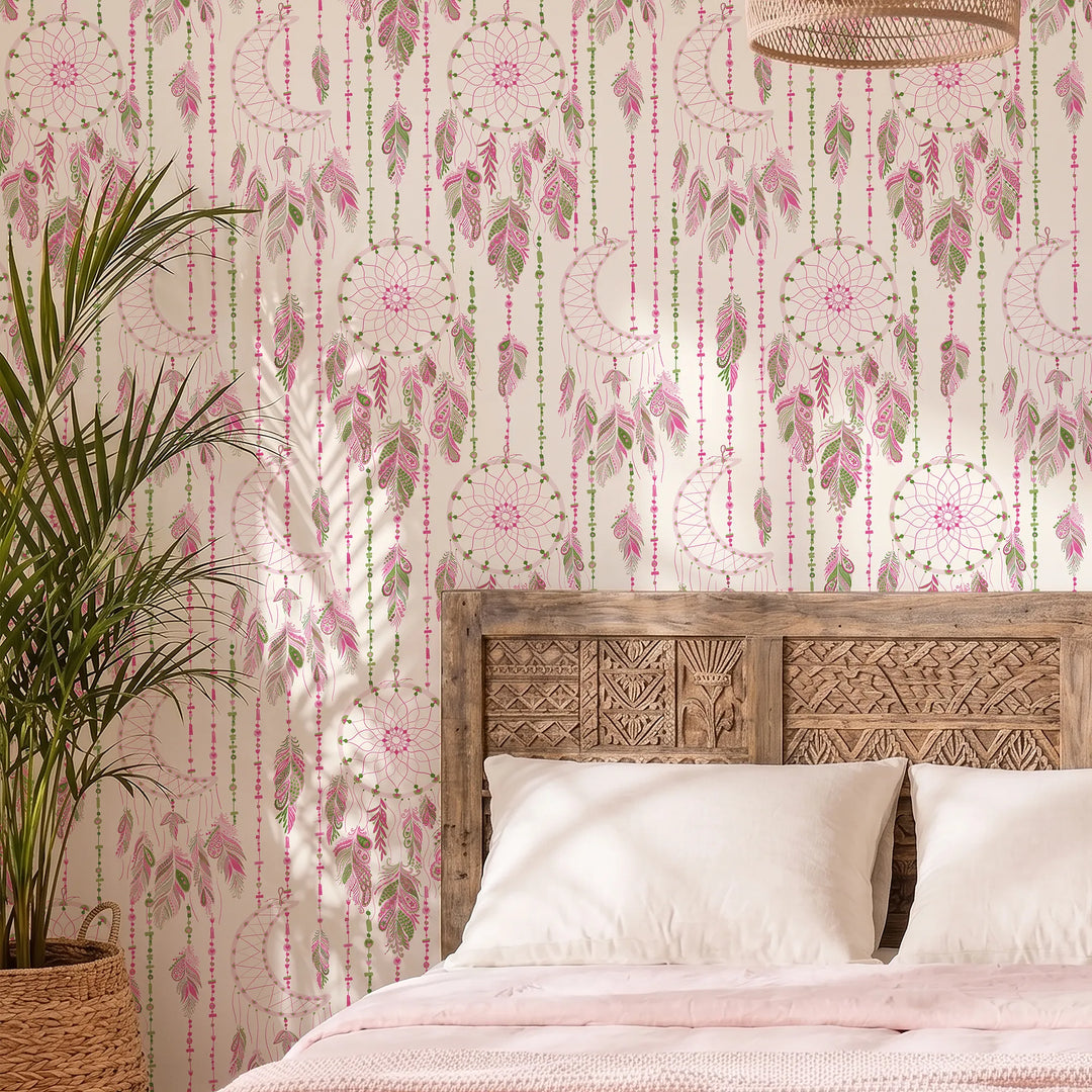 Spirit Halo Wallpaper in Greens and Raspberry on Cream